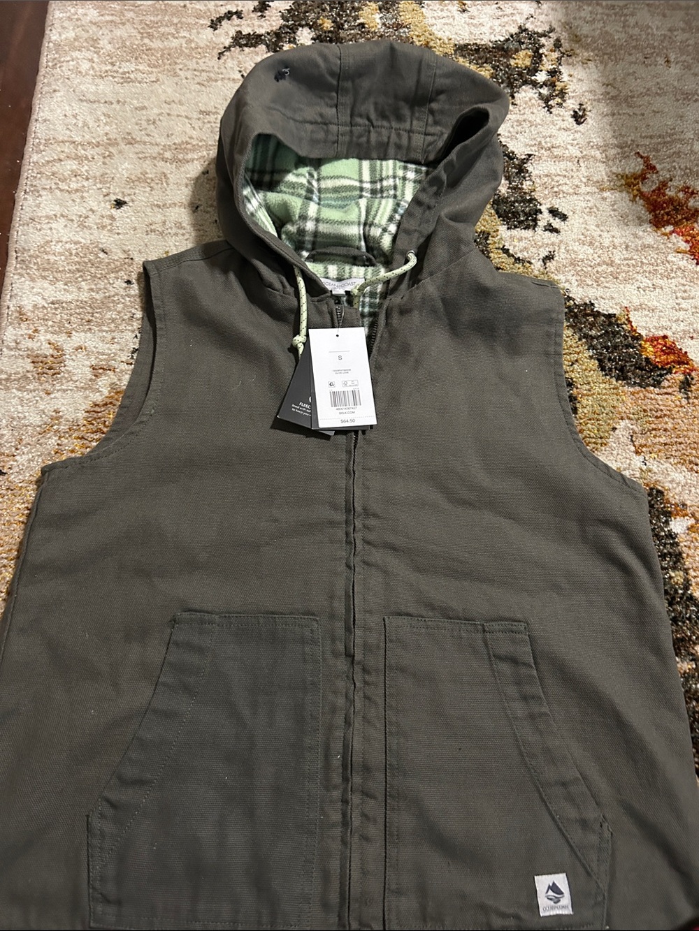 Ocean coast Sleeveless Hooded Utility Vest with Green Plaid Lining